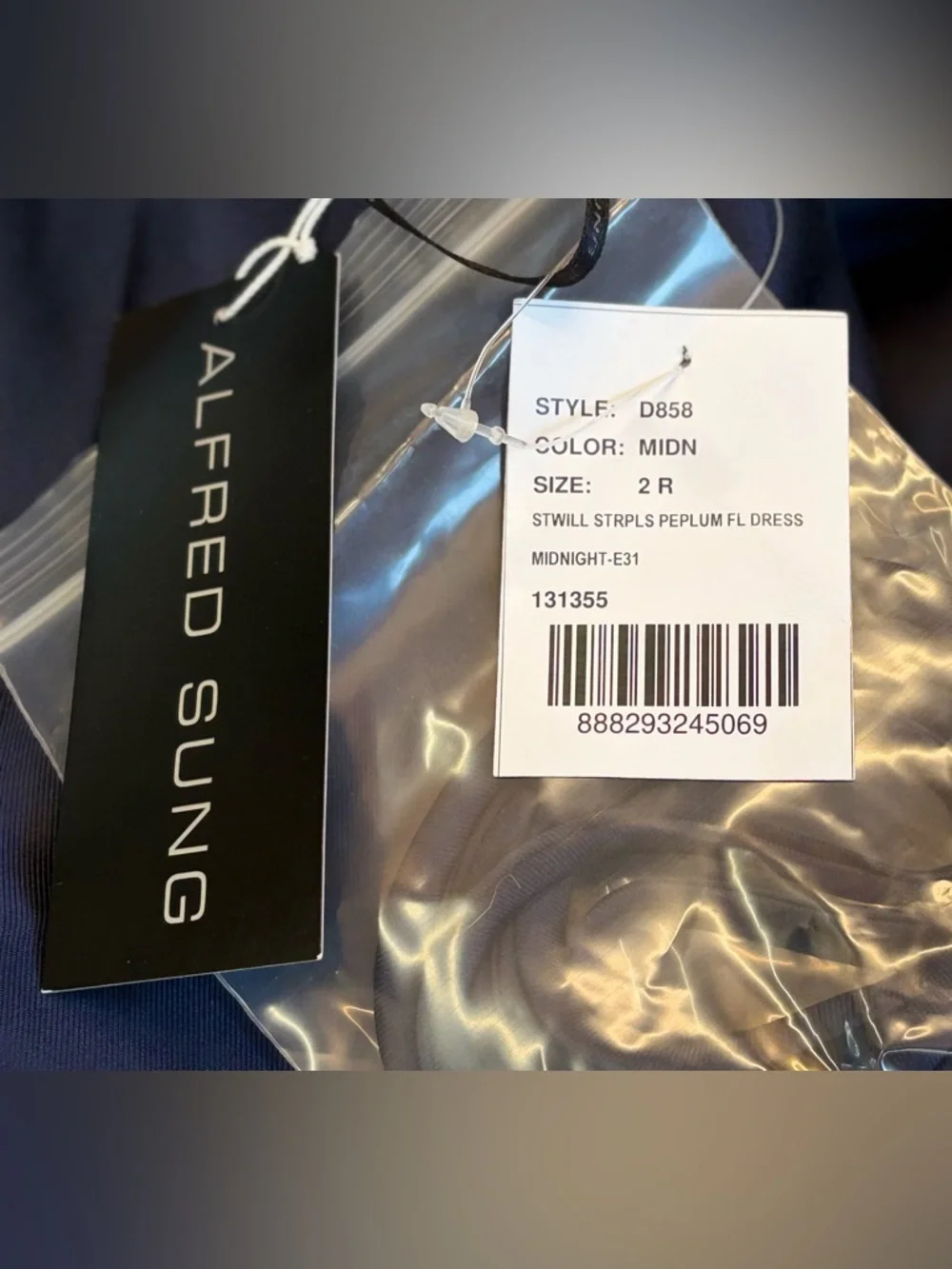 NWT Alfred Sung Strapless Ruffle Peplum Satin Column Gown in Midnight Navy, 2R - Picture 11 of 15